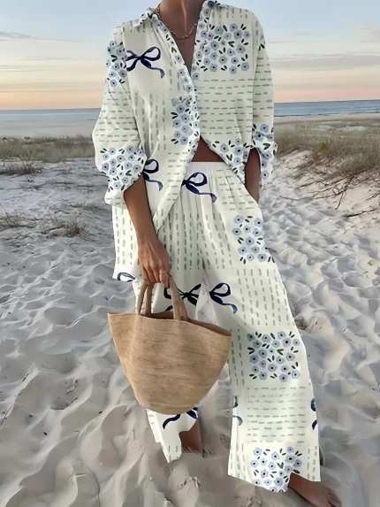Women's Casual Fashion Pants Set, 3D Printed Pattern Casual Seaside Vacation Pants