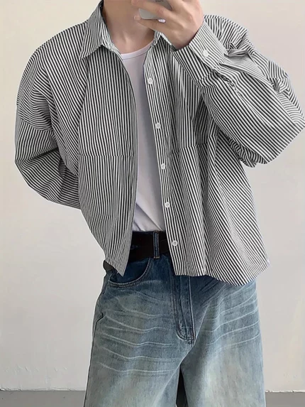 Men'S Streetwear Shirt with Stripes, Featuring a Lapel, Long Sleeves