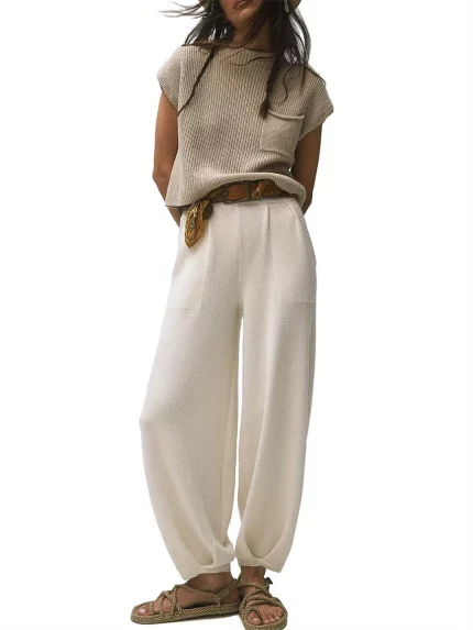 Women'S Casual Polyester Knit Pantsuit, Crew Neck Short Sleeve T-Shirt and High-Waisted Wide Leg Trousers