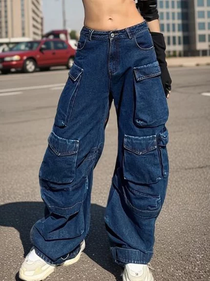 Women'S Vintage Y2K Low Waist Cargo Jeans - Denim Trousers with Pockets