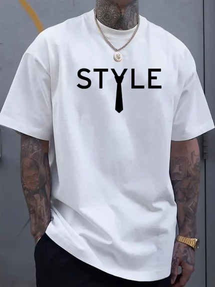 STYLE "tie pattern print, men's round neck short sleeved T-shirt, simple and fashionable T-shirt