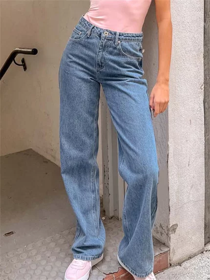 Women'S Mid-Rise Cotton Blend Faux Denim - Casual Straight Leg Faux Denim Pants, Solid Color