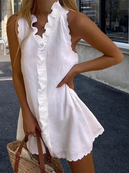 New Arrival! Women's Casual Solid-color Cotton-Linen Embroidered Ruffled Dress