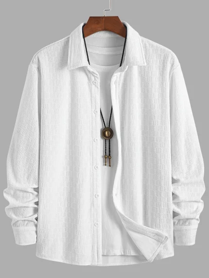 Men's Stretch Knit Casual Shirt - Geometric Pattern Long Sleeve