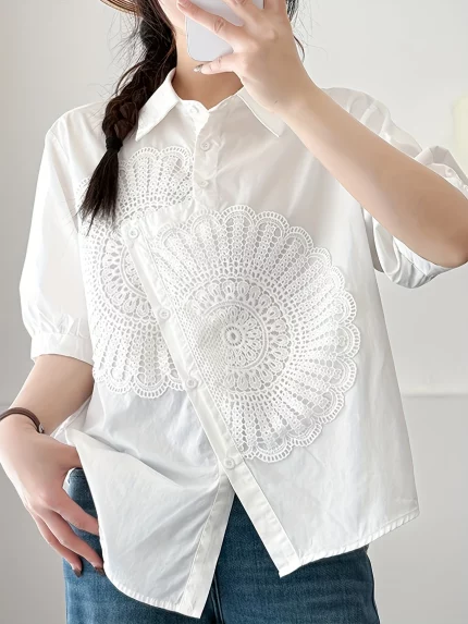 French-Inspired Korean Asymmetric Crochet-Lace Blouse - Heavy-Craft Design