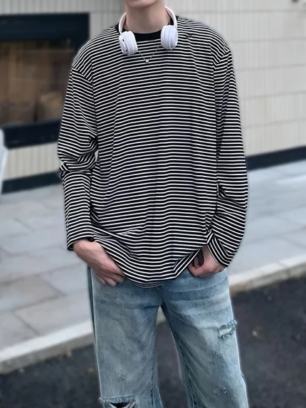 Long Sleeve Men's Striped T-shirt, Casual Crew Neck Tee for All Seasons