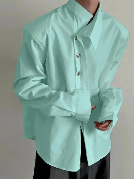 Men's Lightweight Asymmetric Neck Streetwear Shirt - Single-Breasted Button-Up Loose Fit Casual Shirt