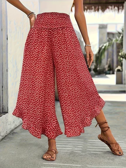 Relaxed Fit Women'S Long Pants With Casual Floral Ruffle Hem