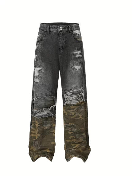 Men's Camo & Denim Splice Jeans - Casual Streetwear, Machine Washable, Polyester Blend