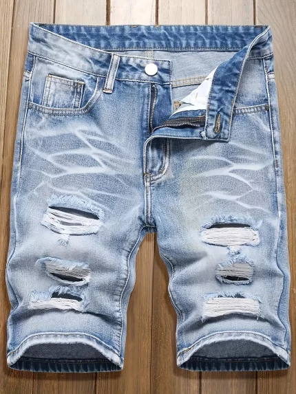 Men's Slim-Fit Ripped Denim Shorts with Geometric Embroidery & Dual Side