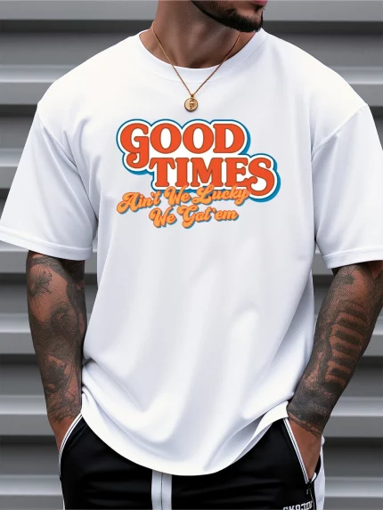 Men's 100% Cotton Loose Fit Graphic T-Shirt - "Good Times" Bold Geometric Print Casual Tee, Breathable Short Sleeve Shirt for Spring Summer Fall
