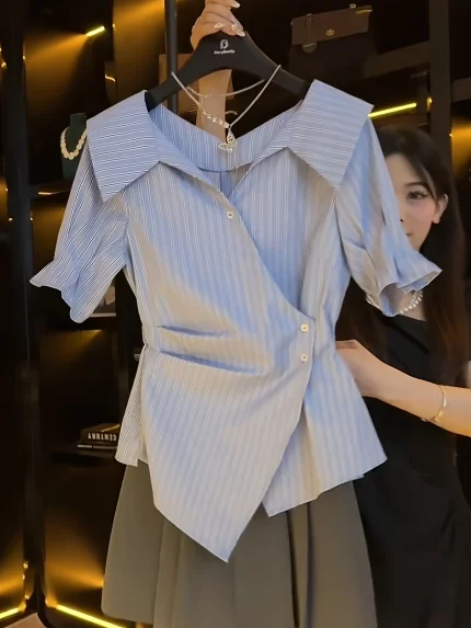 Elegant French V-Neck Blouse for Women - Chic Summer Short Sleeve