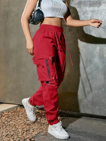 Women's High-Waisted Cargo Pants with Elastic Drawstring Waist - Olive Green Relaxed Fit, Multiple Utility Pockets