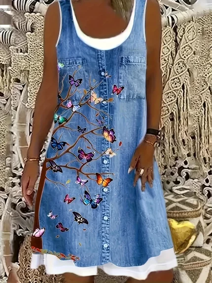 Sleeveless Jumpsuit Dress, Casual Tank Dress with Random Prints for Spring And Summer