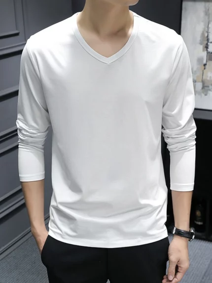 Men's Long Sleeve V-Neck T-Shirt - Soft Breathable Fabric