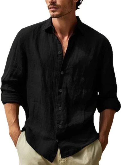 Euro-American Men'S Solid Color Point Collar Long Sleeve Shirt