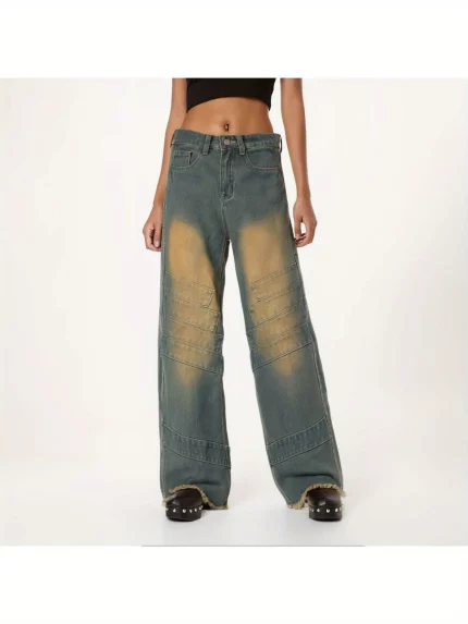 High Waisted Vintage Distressed Patchwork Straight