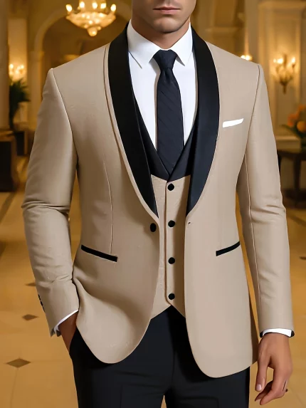 3pcs Men's Party Suit with Lapel Collar, Polyester And Viscose Blend, Skinny Fit, Solid Color