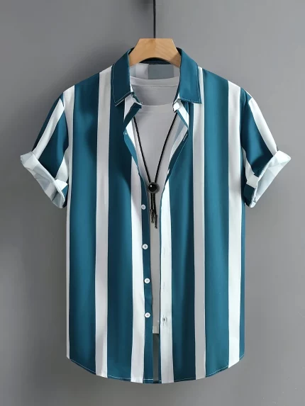 Men'S Summer Casual Striped Print Short Sleeve Button-Up Shirt with Collar