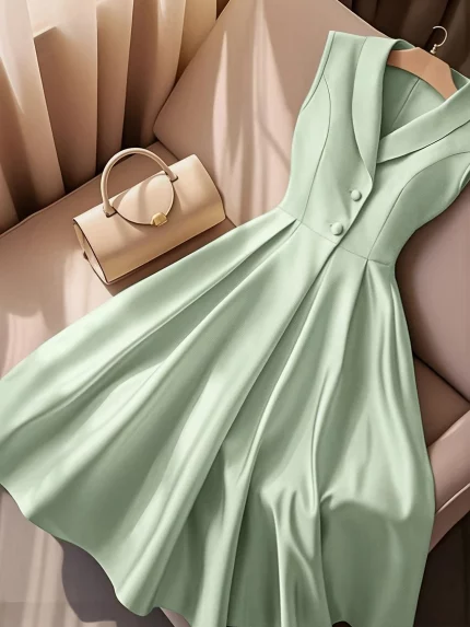 Women's Elegant Slim Fit Sleeveless V-Neckdress - Button-Up Front