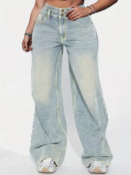 Women's Retro Straight-Leg Jeans - Mid-Stretch Washed Denim