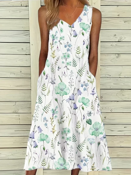 V Neck Floral Print Tank Dress, Casual Sleeveless Dress For Summer & Spring