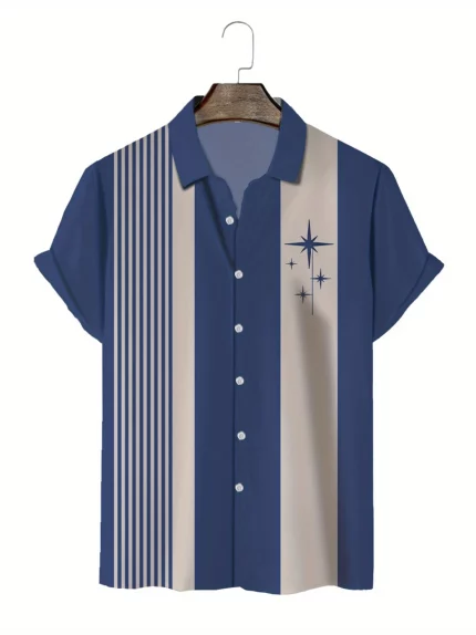 Men's Lightweight Casual Shirt - 3D Print Hawaiian Pattern with Navy & Light Blue Stripes