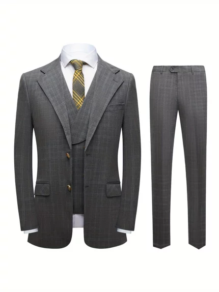 Mens Suit 3pcs Business Suit Set, Double Button Shawl Collar Fit Suit