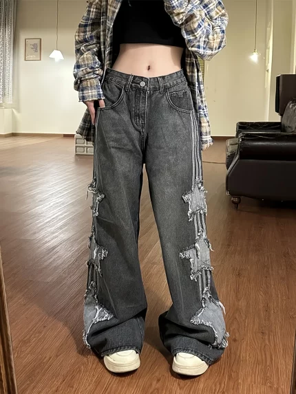 High Waisted Straight Leg Patchwork Baggy Jeans