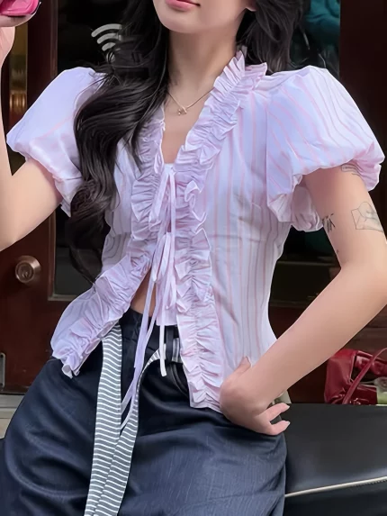 Women's Striped Ruffle Sleeve Tie-Front Blouse - Summer Elegant