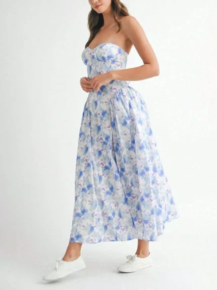 Women's Casual Floral Maxi Dress with Romantic Sweetheart Neckline