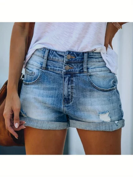 Summer New 2025 Trend Broken Holes Rolled Edge Stretch Fashion High Waist