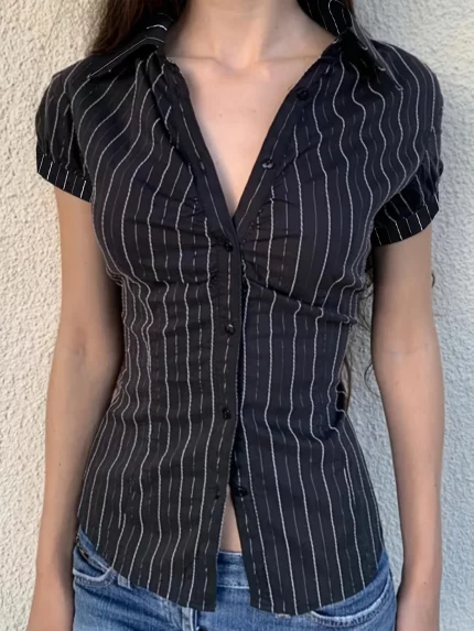 ZAFUL Retro Striped Polo Collar Short Sleeved Shirt