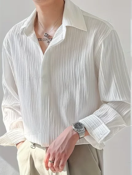 Men's Solid Striped Shirt, Casual Lapel Button Up Long Sleeve Shirt For Outdoor Activities