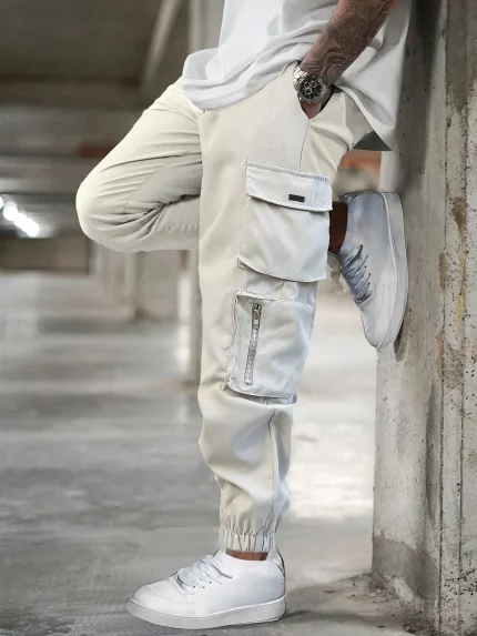 Men's Casual Cargo Pants with Side Pockets - Durable Polyester, Elastic Waistband, White