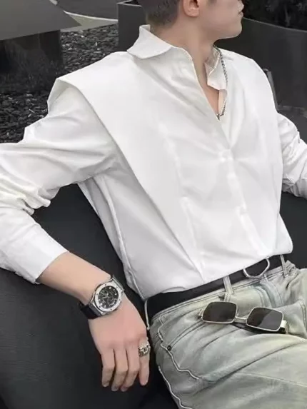 Men'S Casual Long Sleeve Button-Up Shirt - Asymmetrical Neckline
