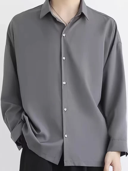 1pc Men'S Casual Solid Color Long Sleeve Polyester Shirt - Lapel Collar