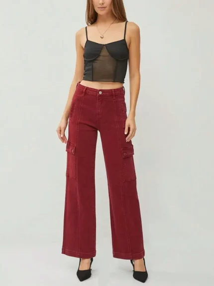 Women'S Casual Cargo Jeans Chic High-Waisted Wide Leg Denim Pants