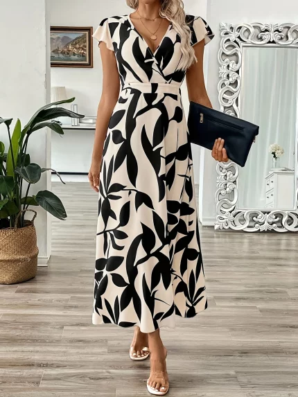Women's Casual V-Neck Long Dress - Geometric Print A-Line Summer Dress