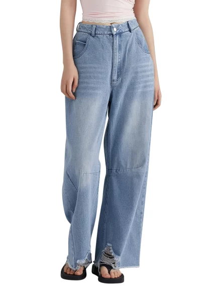 Women Wide Leg Jeans, High Waist Tasseled Loose Trousers with Pockets Streetwear