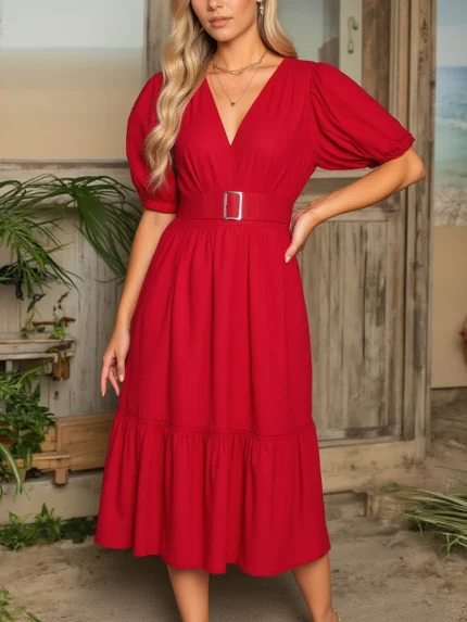 Elegant Red V-Neck Dress with Puff Sleeves & Ruffle Hem - High-Waisted