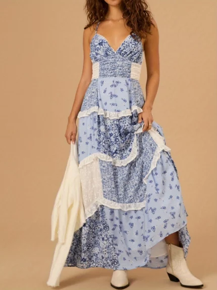 Women'S Floral Dress Stylish Lace Patchwork Ruffled Trim Sleeveless