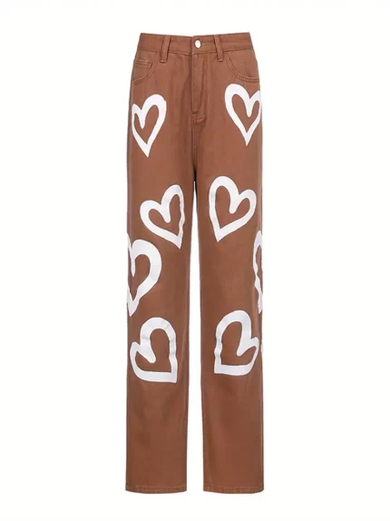 Women'S Vintage-Inspired High-Waist Jeans with Heart Print - Stylish
