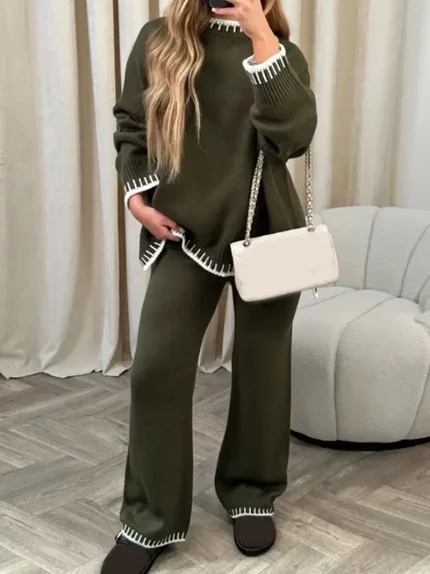 Women Pants Suit, Elegant Contrast Color Long Sleeve Crew