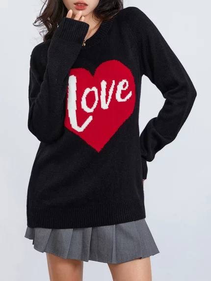 1pc Vintage Style Women'S Knit Sweater with Heart-Shaped "Love" Print - Long Sleeve