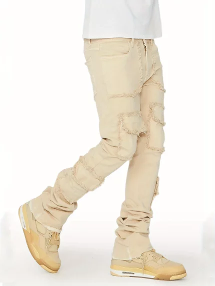 Men's Regular Fit Stacked Jeans Distressed Destroyed Straight Patch