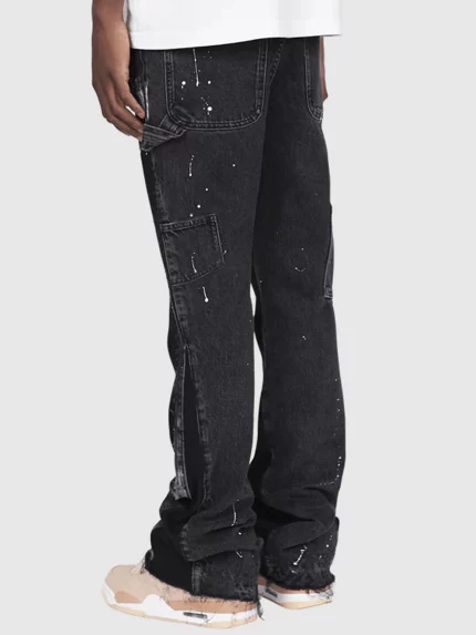 Men'S Micro Flare Jeans with Ink-Splatter Patchwork Design - Stretch