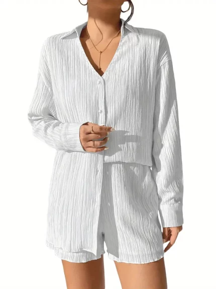 Women'S Casual Polyester Draped Pantsuit, Long Sleeve Lapel Shirt, Shorts