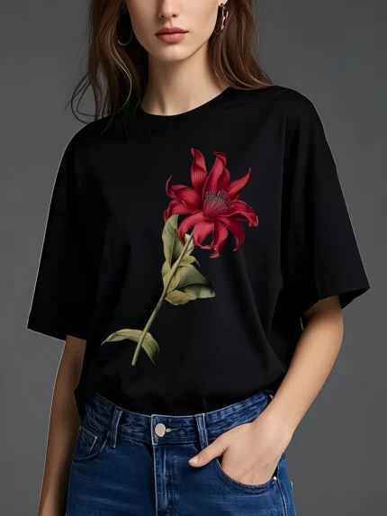 Women's Oversized Floral Print Graphic T-Shirt - White & Red Floral Tee