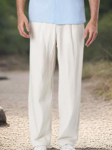 Men's Straight Leg Cotton Blend Casual Pants with Pockets - Solid